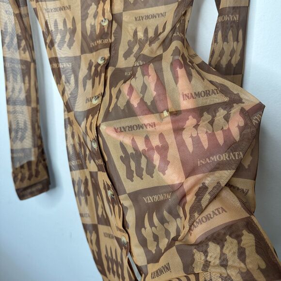 Inamorata Riviera Brown Check Mesh Dress Long Sleeve Button Up Mini Dress S - Picture 6 of 13